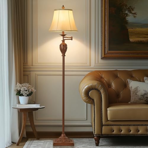AIDENOEY Traditional LED Floor Lamp with 350° Adjustable Swing Arm Lamp – Vintage Standing Pole lamp for Living Room, Bedroom and Office – Rustic Upright Floor Light for Home Décor with Faux Silk Fabric Shade - Image 1