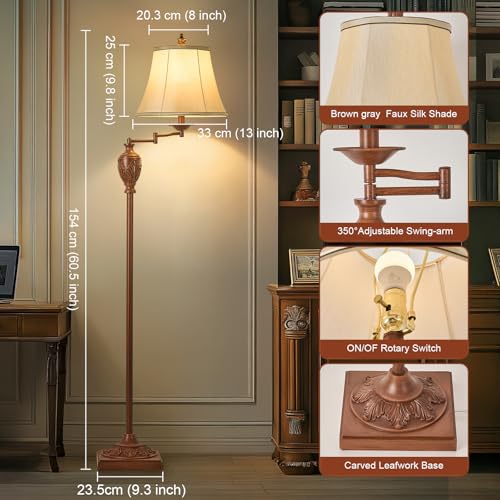 AIDENOEY Traditional LED Floor Lamp with 350° Adjustable Swing Arm Lamp – Vintage Standing Pole lamp for Living Room, Bedroom and Office – Rustic Upright Floor Light for Home Décor with Faux Silk Fabric Shade - Image 3