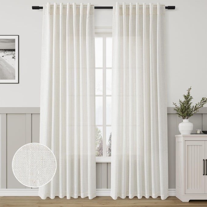 NATURAL LINEN BLEND CURTAINS 90 INCHES LONG 2 PANEL SET BACK TAB PLEATED LINEN DRAPERIES SEMI SHEER PRIVACY RUSTIC BOHO FARMHOUSE NEUTRAL CREAM CURTAIN FOR LIVING ROOM BEDROOM IVORY 52X90 LENGTH