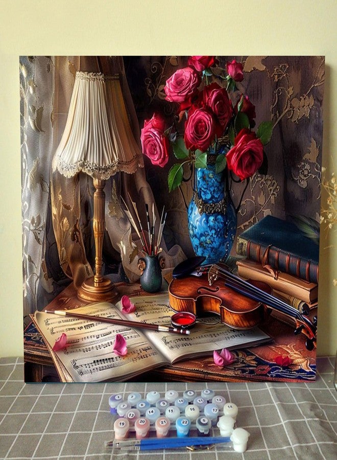 Aihonmin Paint by Numbers Kits Retro European Style DIY Oil Painting Kits on Canvas with Paint Brushes and Acrylic Pigment Flower Violin Book 16x20 Inch Paint by Number for Adults Home Wall Decor(Frameless) - Image 1