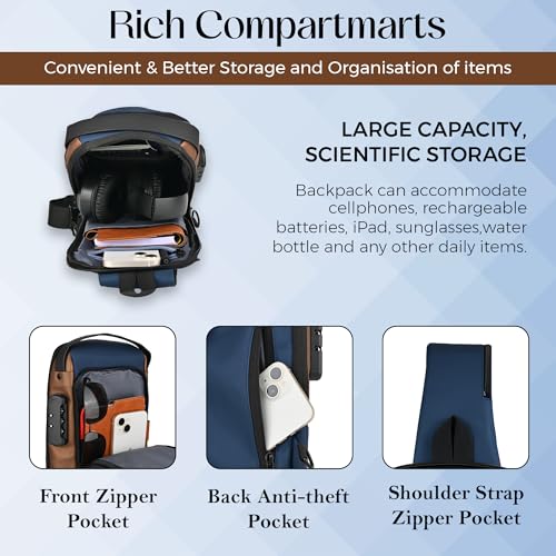 TS WITH TECHSUN Waterproof Anti-Theft Crossbody Bag With Password Zipper Lock & Usb Charging Port, Men's Shoulder Chest Daypack Bag Travel Hiking Sling Backpack - Multicolor - Image 4
