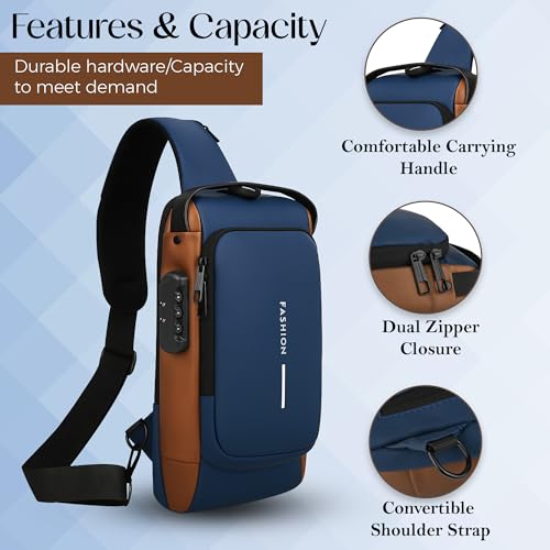 TS WITH TECHSUN Waterproof Anti-Theft Crossbody Bag With Password Zipper Lock & Usb Charging Port, Men's Shoulder Chest Daypack Bag Travel Hiking Sling Backpack - Multicolor - Image 3