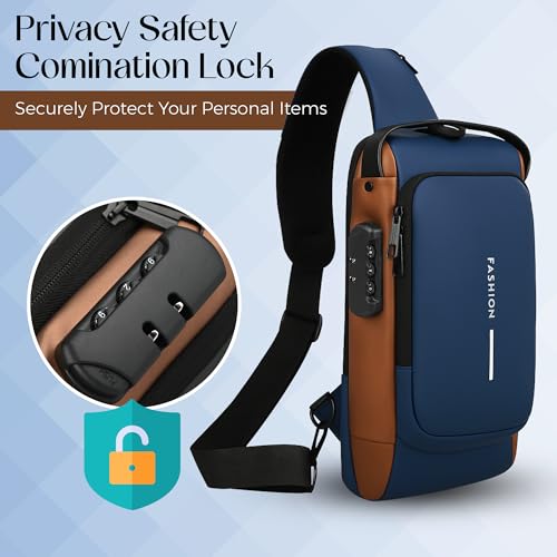 TS WITH TECHSUN Waterproof Anti-Theft Crossbody Bag With Password Zipper Lock & Usb Charging Port, Men's Shoulder Chest Daypack Bag Travel Hiking Sling Backpack - Multicolor - Image 5