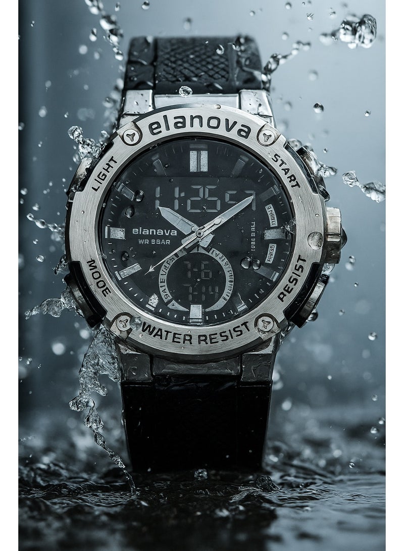 Elanova Sporty analog-digital watch with dual time feature, durable silicone strap, and 5-bar water resistance, model EL71 - Image 2