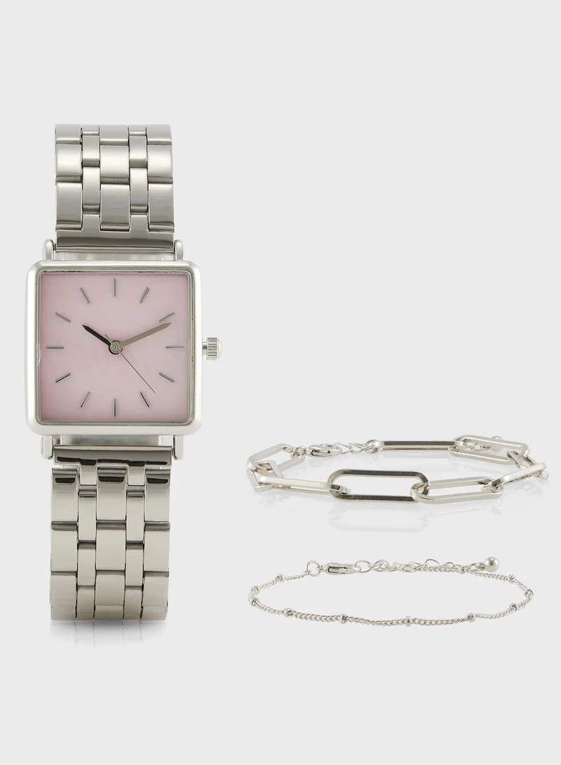 ELLA Square Metal Strap Analogue Watch & Bracelet Gift Set