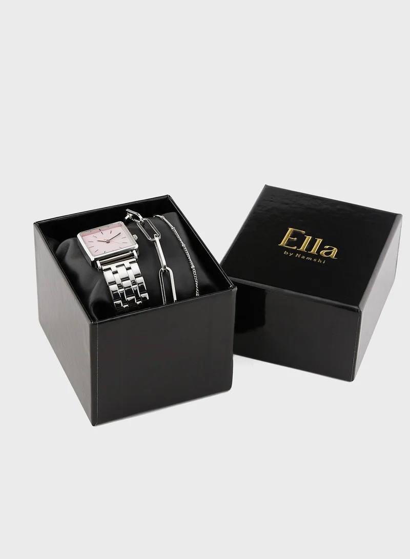 ELLA Square Metal Strap Analogue Watch & Bracelet Gift Set