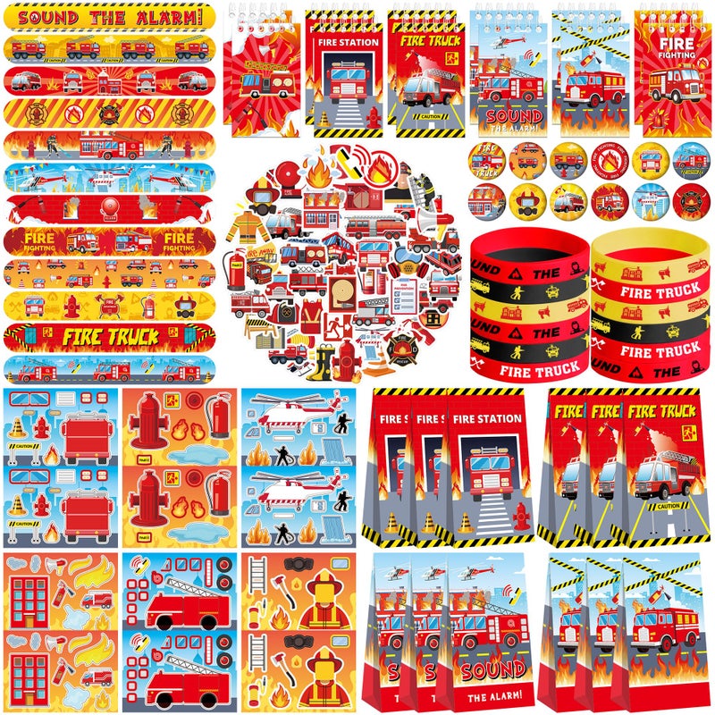 LSJDEER 122PCS Fire Truck Party Favors 50 Stickers 12 Assemble Stickers 12 Button Badges 12 Mini Notepads 12 Slap Bracelets 12 Rubber Bracelets 12 Goodie Bags for Firefighter Firetruck Party Supplies - Image 3