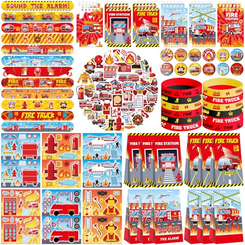 LSJDEER 122PCS Fire Truck Party Favors 50 Stickers 12 Assemble Stickers 12 Button Badges 12 Mini Notepads 12 Slap Bracelets 12 Rubber Bracelets 12 Goodie Bags for Firefighter Firetruck Party Supplies - Image 1