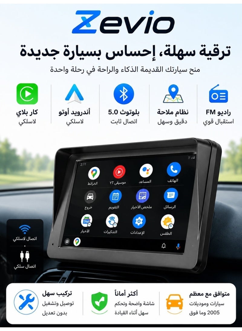 Zevio SmartDrive 7 Wireless CarPlay & Android Auto Screen, 7 Inch HD Touch Display, GPS Navigation, Bluetooth 5.0, FM Transmitter, Portable Car Monitor, Plug & Play for All Cars 2005+ - Image 1