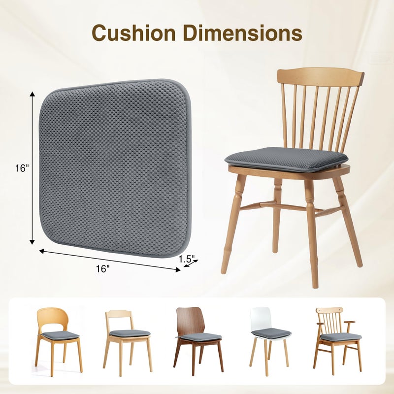 puredownÂ® Chair Cushions for Dining Chairs, Set of 4 Memory Foam Seat Cushions with Non-Slip Backing & Ties, 16" x 16" x 1.5", Comfortable & Supportive Dining Chair Pads for Kitchen, Grey - Image 3