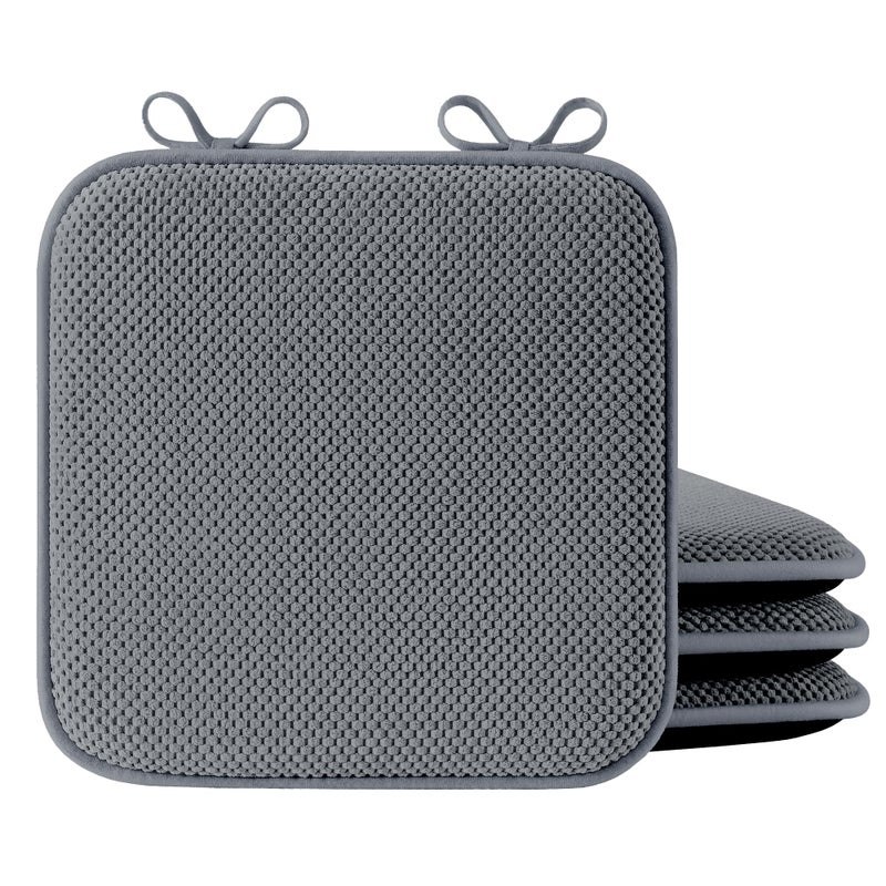 puredownÂ® Chair Cushions for Dining Chairs, Set of 4 Memory Foam Seat Cushions with Non-Slip Backing & Ties, 16" x 16" x 1.5", Comfortable & Supportive Dining Chair Pads for Kitchen, Grey - Image 1