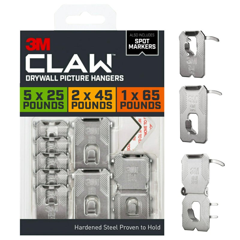 3M CLAW Drywall Picture Hangers: 25, 45, 65 lb. Variety Pack with Spot Markers / 8-pack (Silver) - Image 1