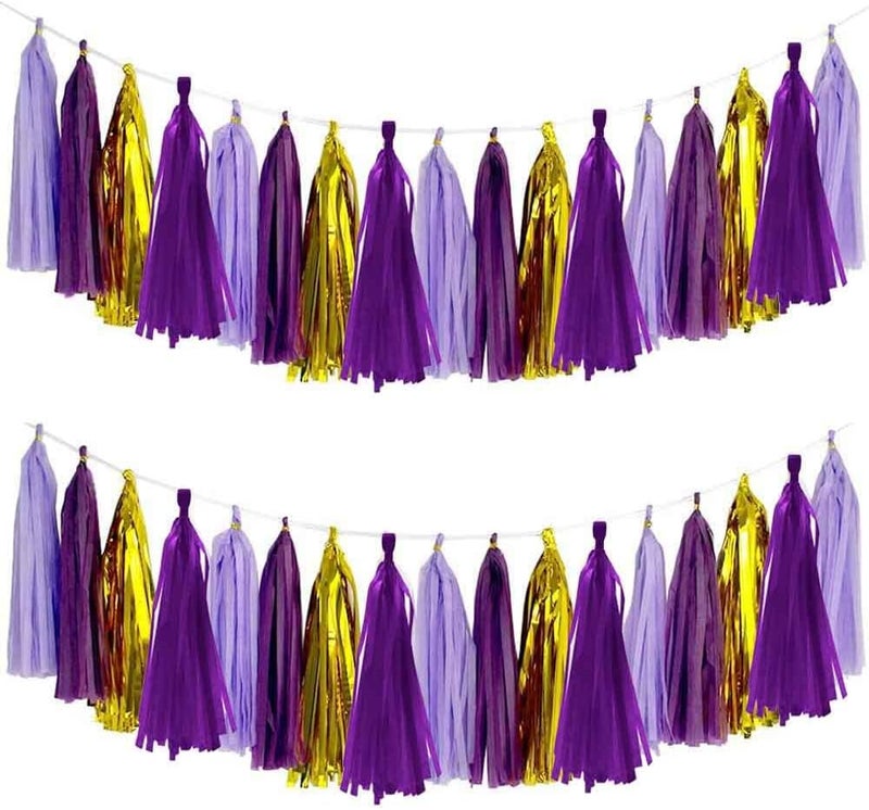 AIM & GGKK Purple and Gold Tassel Garland Banner Tissue Paper Tassels for Party Suppiles Decorations,Wedding Decorations,Nursery Decor,Engagement,Football Party, DIY Kits(15PCS) - Image 1