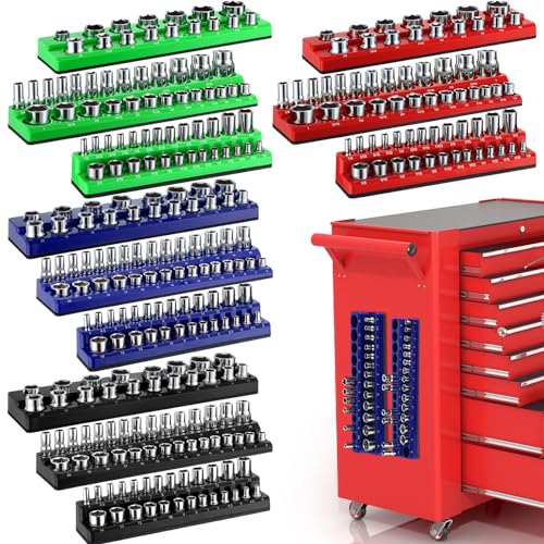 Datanly 12 Pcs Magnetic Socket Organizer Set Compatible with SAE and Metric Magnetic Holders 1/4'', 3/8'', 1/2'' Drive Socket Trays Hold 286 Standard and Deep Size, No Sockets(Colors A) - Image 1