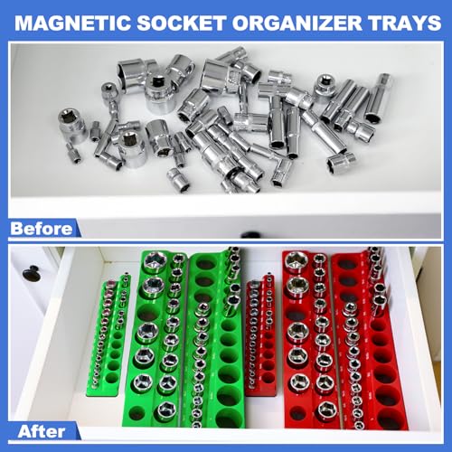 Datanly 12 Pcs Magnetic Socket Organizer Set Compatible with SAE and Metric Magnetic Holders 1/4'', 3/8'', 1/2'' Drive Socket Trays Hold 286 Standard and Deep Size, No Sockets(Colors A) - Image 5