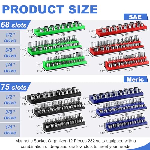 Datanly 12 Pcs Magnetic Socket Organizer Set Compatible with SAE and Metric Magnetic Holders 1/4'', 3/8'', 1/2'' Drive Socket Trays Hold 286 Standard and Deep Size, No Sockets(Colors A) - Image 2