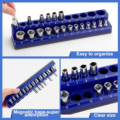 Datanly 12 Pcs Magnetic Socket Organizer Set Compatible with SAE and Metric Magnetic Holders 1/4'', 3/8'', 1/2'' Drive Socket Trays Hold 286 Standard and Deep Size, No Sockets(Colors A) - Image 3
