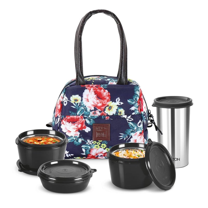 Milton MILTON Floret Lunch Box with Insulated Fabric Jacket, 3 Microware Safe Inner Stainless Steel Containers 180ml, 320ml, 320ml &Tumbler with lid 415ml, Leakproof Tiffin for Office, College, Navy Blue  - Image 1