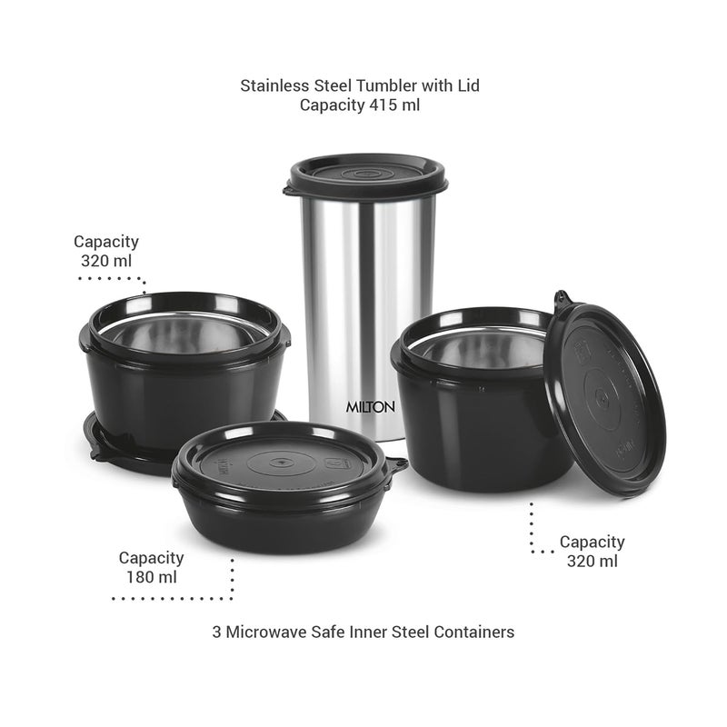Milton MILTON Floret Lunch Box with Insulated Fabric Jacket, 3 Microware Safe Inner Stainless Steel Containers 180ml, 320ml, 320ml &Tumbler with lid 415ml, Leakproof Tiffin for Office, College, Navy Blue  - Image 3