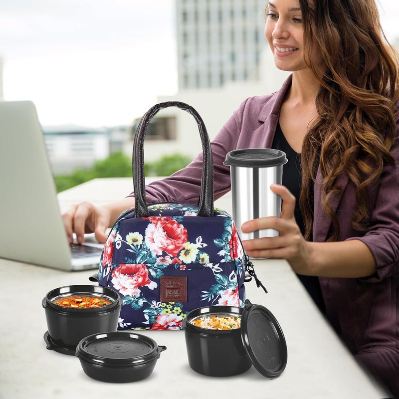 Milton MILTON Floret Lunch Box with Insulated Fabric Jacket, 3 Microware Safe Inner Stainless Steel Containers 180ml, 320ml, 320ml &Tumbler with lid 415ml, Leakproof Tiffin for Office, College, Navy Blue  - Image 4