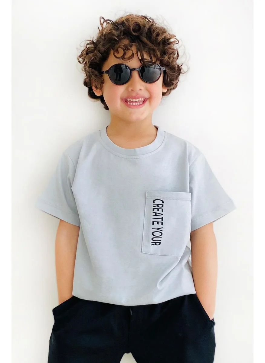 بريز Boy's T-Shirt with Pockets and Text Printing, Age 6-12, Light Gray