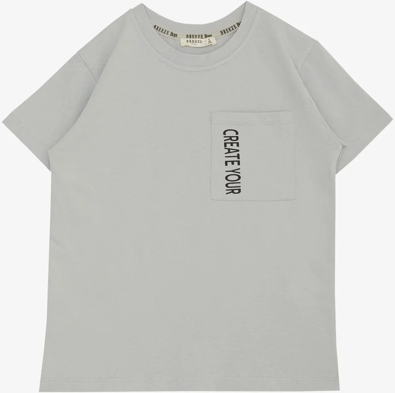 Breeze Boy's T-Shirt with Pockets and Text Printing, Age 6-12, Light Gray