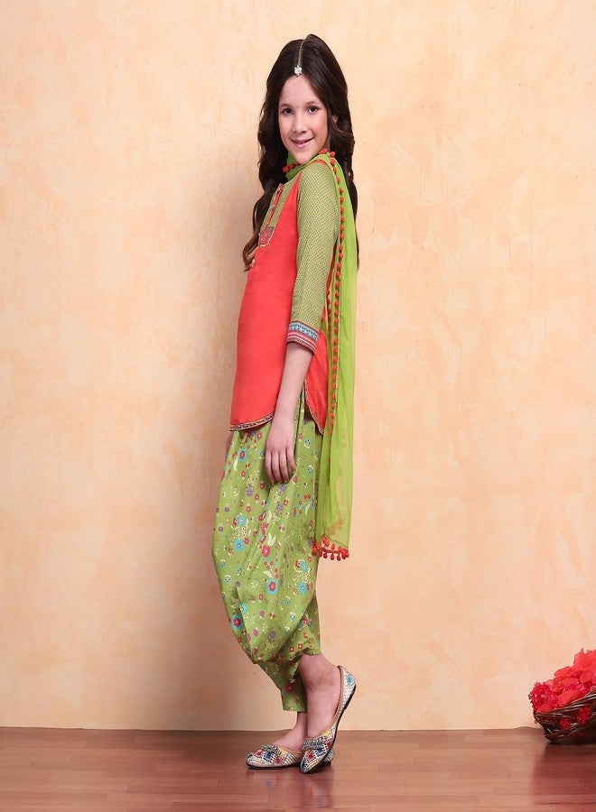 Biba Girls Org-Grn Straight Cotton Solid Kurta suit set - Image 2