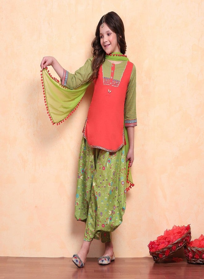 Biba Girls Org-Grn Straight Cotton Solid Kurta suit set - Image 5