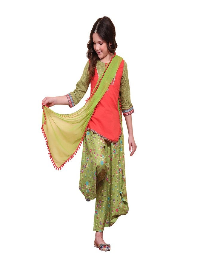 Biba Girls Org-Grn Straight Cotton Solid Kurta suit set - Image 1