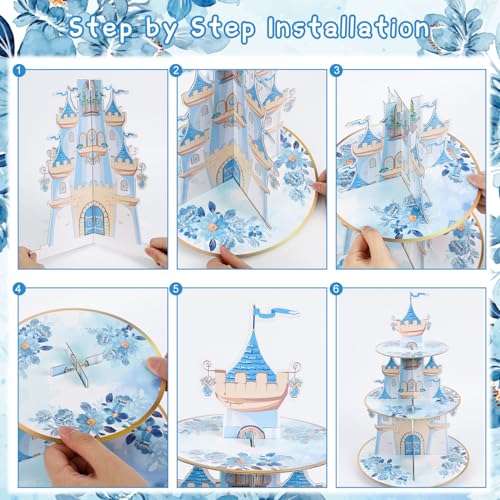 Aposwow Blue Castle Birthday Party Decorations - 3 Tier Flower Castle Cupcake Stand Blue Theme Party Supplies Dessert Tower Holder for Birthday Baby Shower Wedding Decorations - Image 4