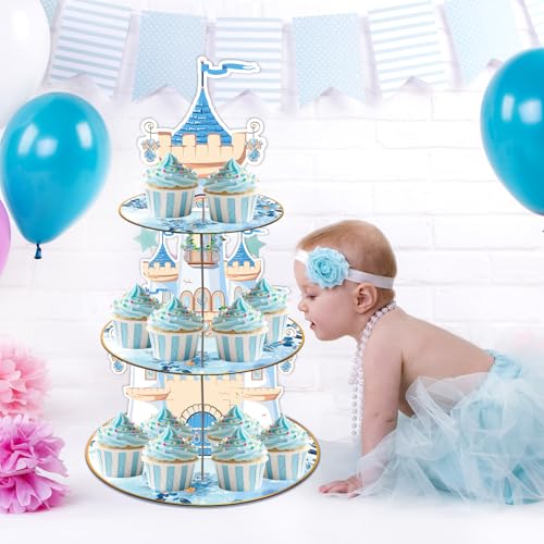 Aposwow Blue Castle Birthday Party Decorations - 3 Tier Flower Castle Cupcake Stand Blue Theme Party Supplies Dessert Tower Holder for Birthday Baby Shower Wedding Decorations - Image 5