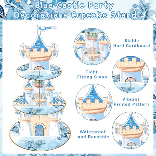 Aposwow Blue Castle Birthday Party Decorations - 3 Tier Flower Castle Cupcake Stand Blue Theme Party Supplies Dessert Tower Holder for Birthday Baby Shower Wedding Decorations - Image 3