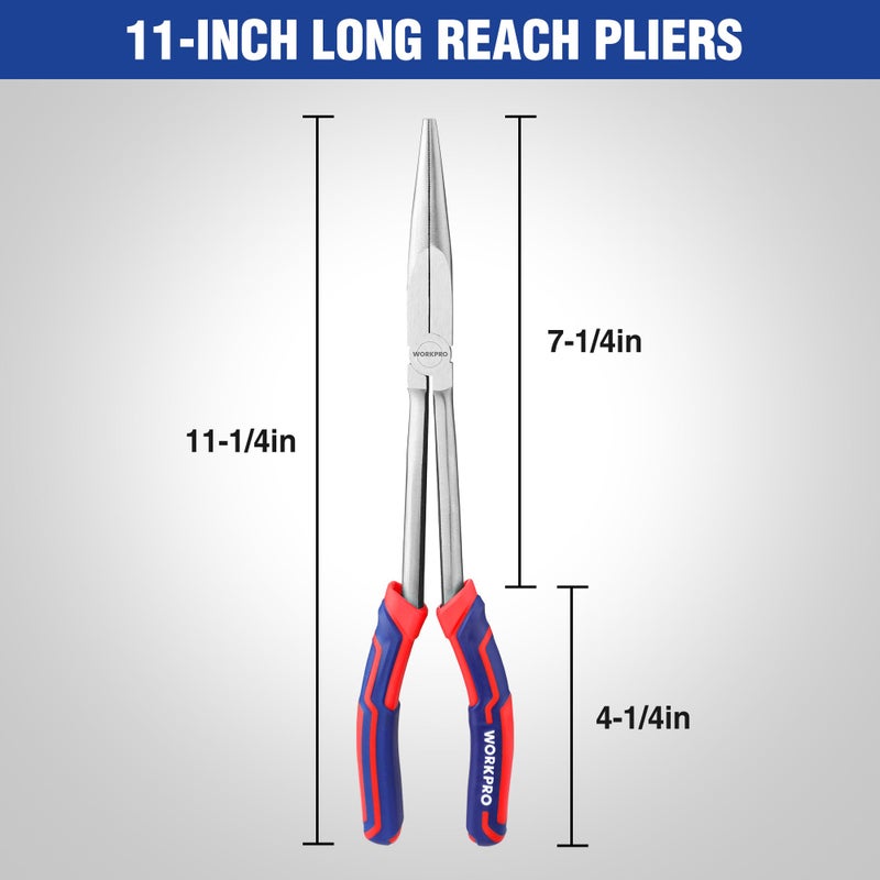 WORKPRO Premium 11â€ Extra Long Needle Nose Pliers, Paper Clamp Precision, Heavy-Duty CRV Steel, Soft Grip - Image 2
