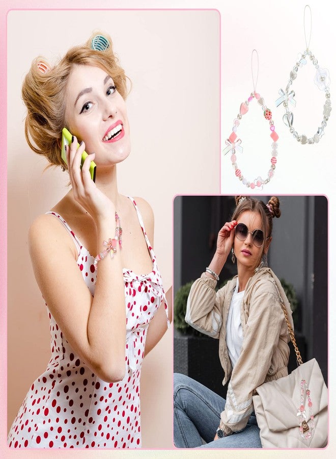 LEIFIDE 2 Pcs Beaded Phone Charms Strap Pink Cute Aesthetic Lanyard Wrist Strap Beaded Phone Keychain Charm Anti-theft Chain String for Women Gifts for Camera Bag Cellphone Decor (Heart) - Image 4