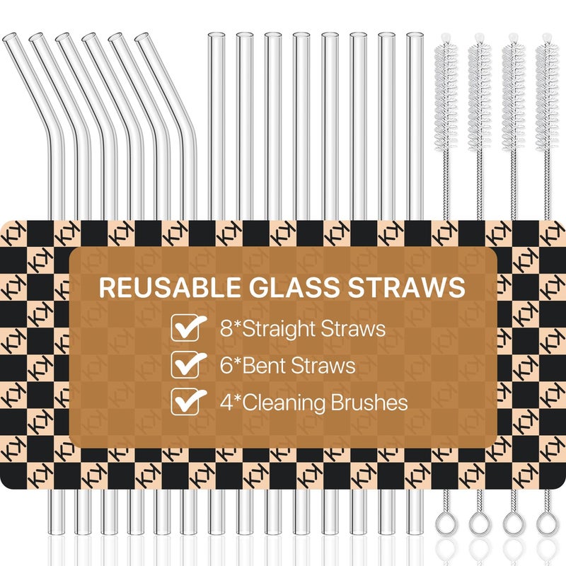 KALLAX 18-Pack Glass Straws, Reusable Clear Glass Drinking Straws Set, 8.5 Inch x 10mm - Includes 8 Straight and 6 Bent with 4 Straw Cleaner Brush, Perfect for Smoothies, Milkshakes, Juice, Tea - Image 1