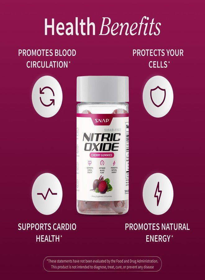 Snap Supplements Nitric Oxide Gummies - Beet Root Extract 300mg, Sugar Free Beetroot Supplement with Pomegranate Powder for Circulation & Natural Energy, 60 Vegan Gummies (2-Pack), Cherry Flavor - Image 4