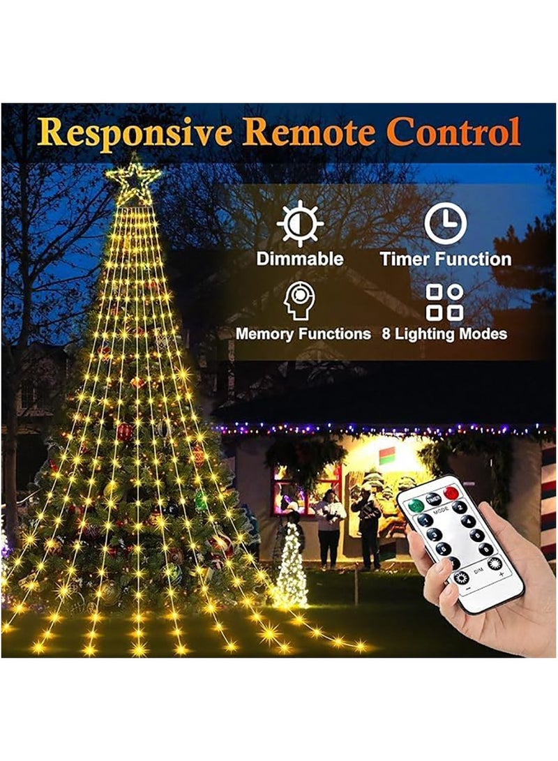 Solar Power Star String Lights 320 LED 11.5 ft Waterproof Waterfall Tree Lights with Star Topper FestivalLights for Patio Yard Party Wedding New Year Decorations Warm Lights Christmas - Image 2