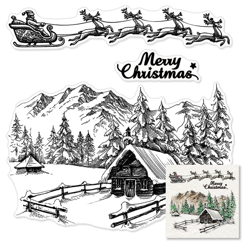 Christmas Mountain Trees Clear Stamps for Card Making and Photo Album Decorations Santa Claus Sleigh Silicone Stamps Winter Snow Transparent Rubber Stamps Seal for DIY Scrapbooking Supplies