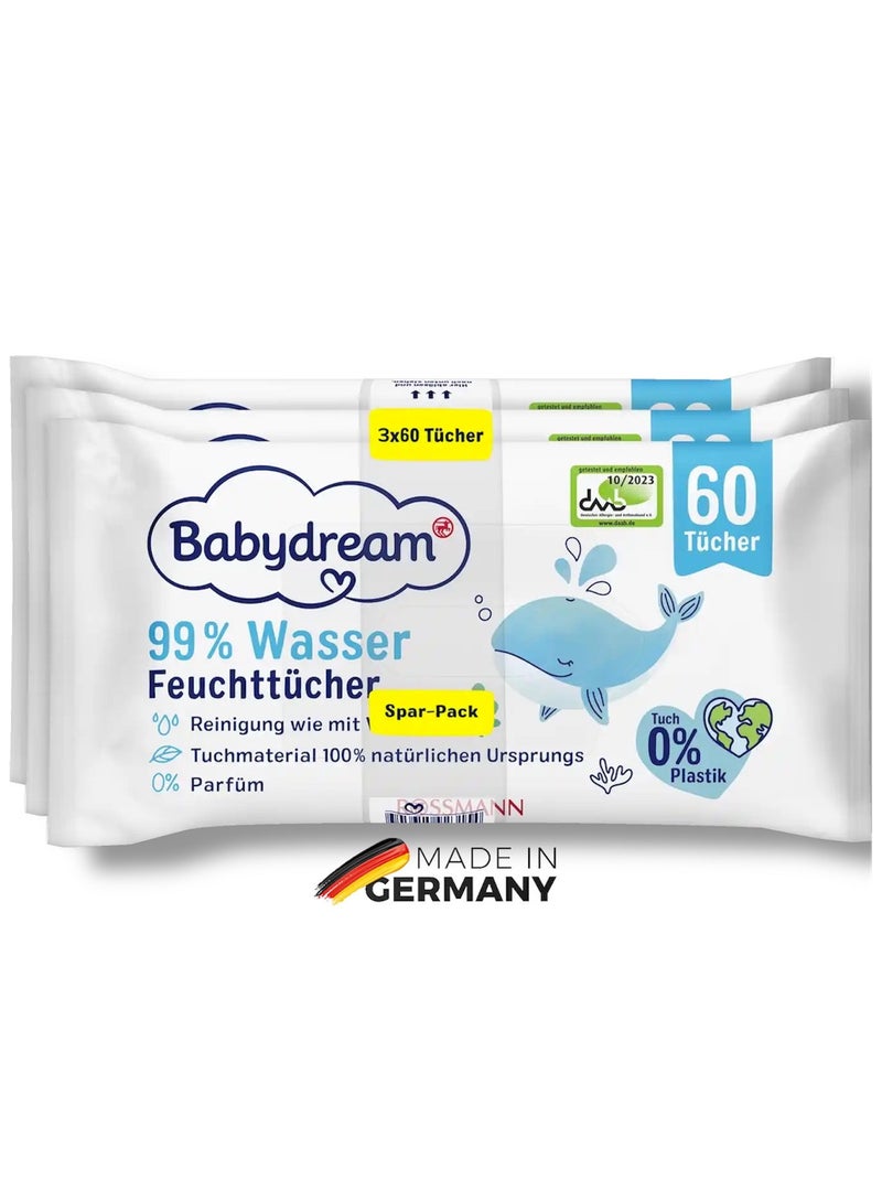 ROSSMANN German Brand Wipes , Babydream Wet Wipes with 99% Water, 180 Pieces (3x60 Pack) – Cleaning as with Water, 100% Biodegradable, Fragrance-Free, Dye-Free, Mineral Oil-Free, Essential Oil-Free, PEG Emulsifier-Free, pH-Neutral. - Image 1