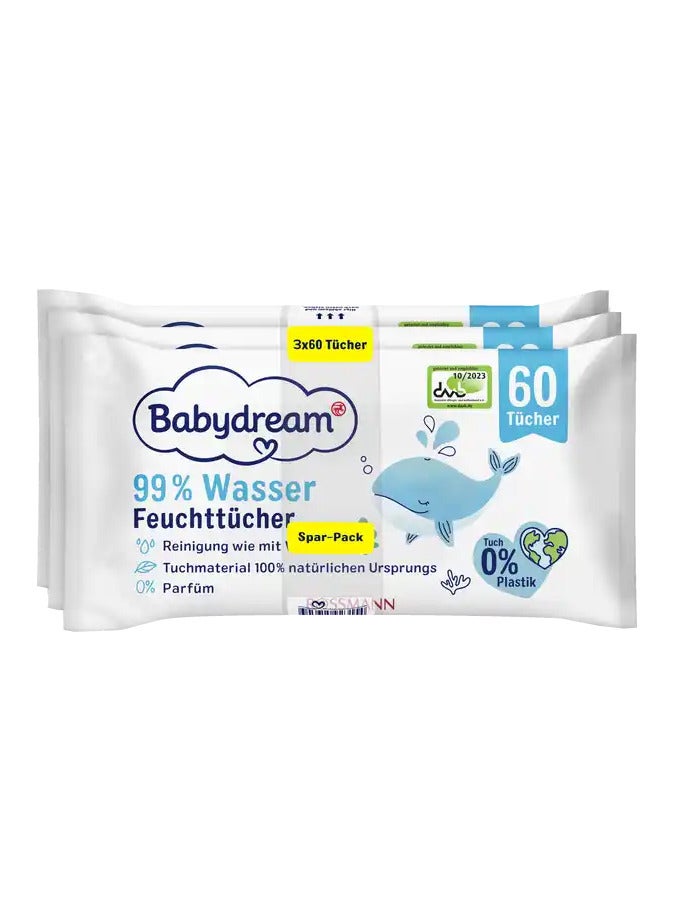 ROSSMANN German Brand Wipes , Babydream Wet Wipes with 99% Water, 180 Pieces (3x60 Pack) – Cleaning as with Water, 100% Biodegradable, Fragrance-Free, Dye-Free, Mineral Oil-Free, Essential Oil-Free, PEG Emulsifier-Free, pH-Neutral. - Image 2