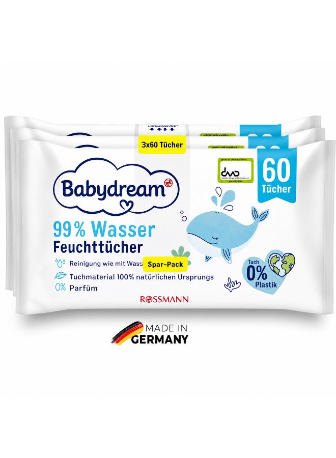 BabyDream German Brand Wipes , Babydream Wet Wipes with 99% Water, 180 Pieces (3x60 Pack) – Cleaning as with Water, 100% Biodegradable, Fragrance-Free, Dye-Free, Mineral Oil-Free, Essential Oil-Free, PEG Emulsifier-Free, pH-Neutral. - Image 2