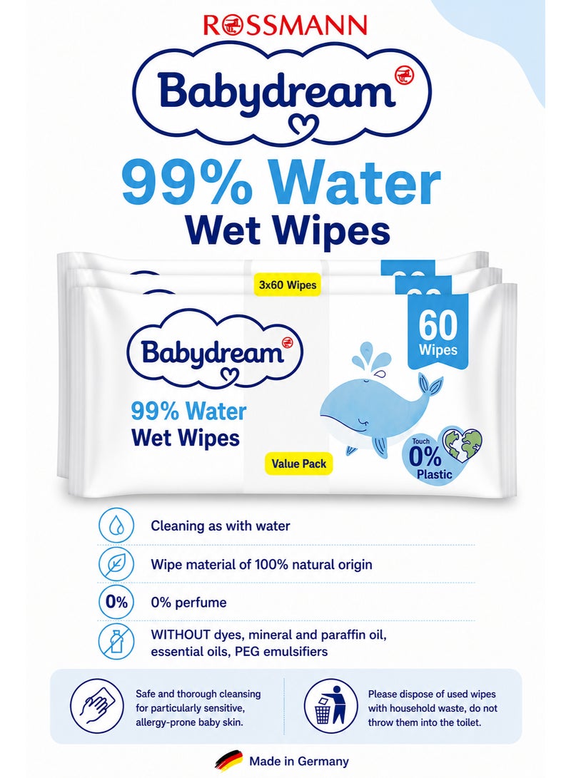 BabyDream German Brand Wipes , Babydream Wet Wipes with 99% Water, 180 Pieces (3x60 Pack) – Cleaning as with Water, 100% Biodegradable, Fragrance-Free, Dye-Free, Mineral Oil-Free, Essential Oil-Free, PEG Emulsifier-Free, pH-Neutral. - Image 1