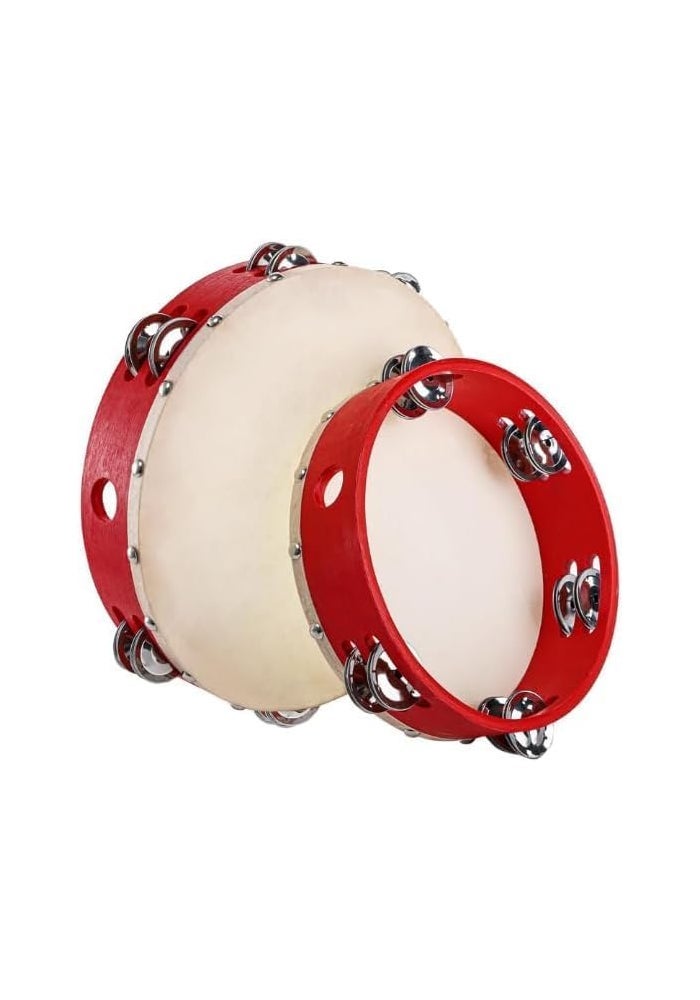 MegArya 10" Wood Tambourine with Double Row Metal Jingle Bells - Red - Image 2