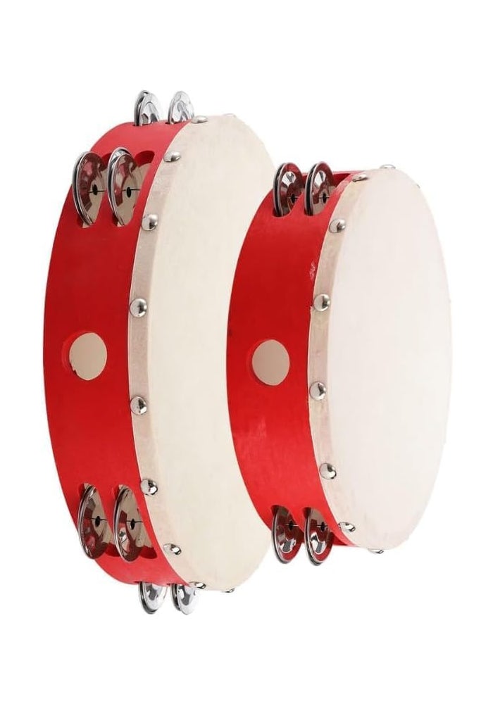 MegArya 10" Wood Tambourine with Double Row Metal Jingle Bells - Red - Image 3
