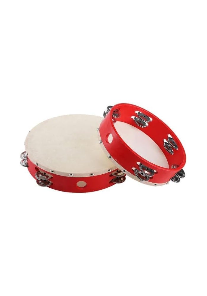 MegArya 10" Wood Tambourine with Double Row Metal Jingle Bells - Red - Image 1