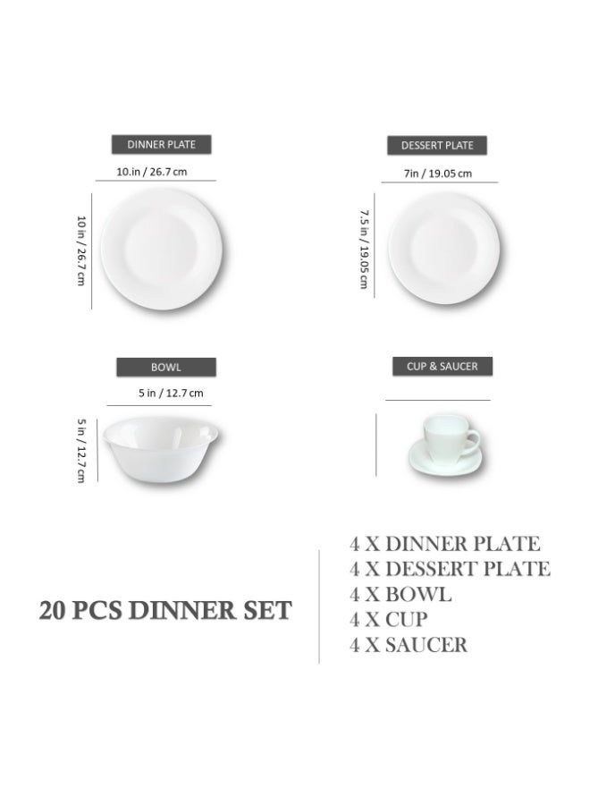 Houzi 20 Pcs Opal ware Dinnerware Set 4 x Dinner plate 4 x Dessert plate 4 x Bowl 4 x Cup 4 x Saucer Serving for 4 People - Image 2