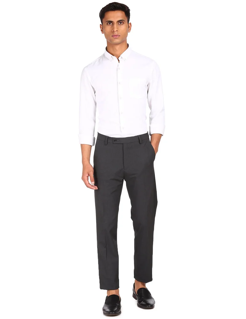 Arrow Dark Grey Bi-Stretch Solid Trousers for Men | Best Price UAE