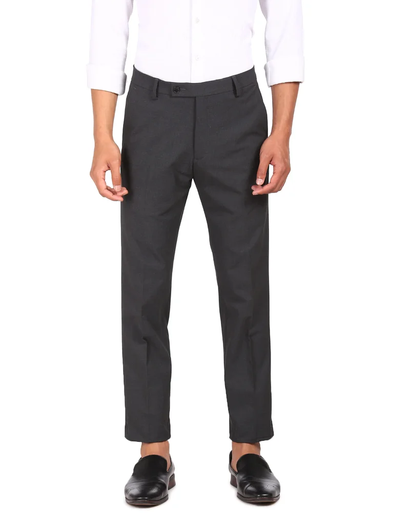 Arrow Dark Grey Bi-Stretch Solid Trousers for Men | Best Price UAE