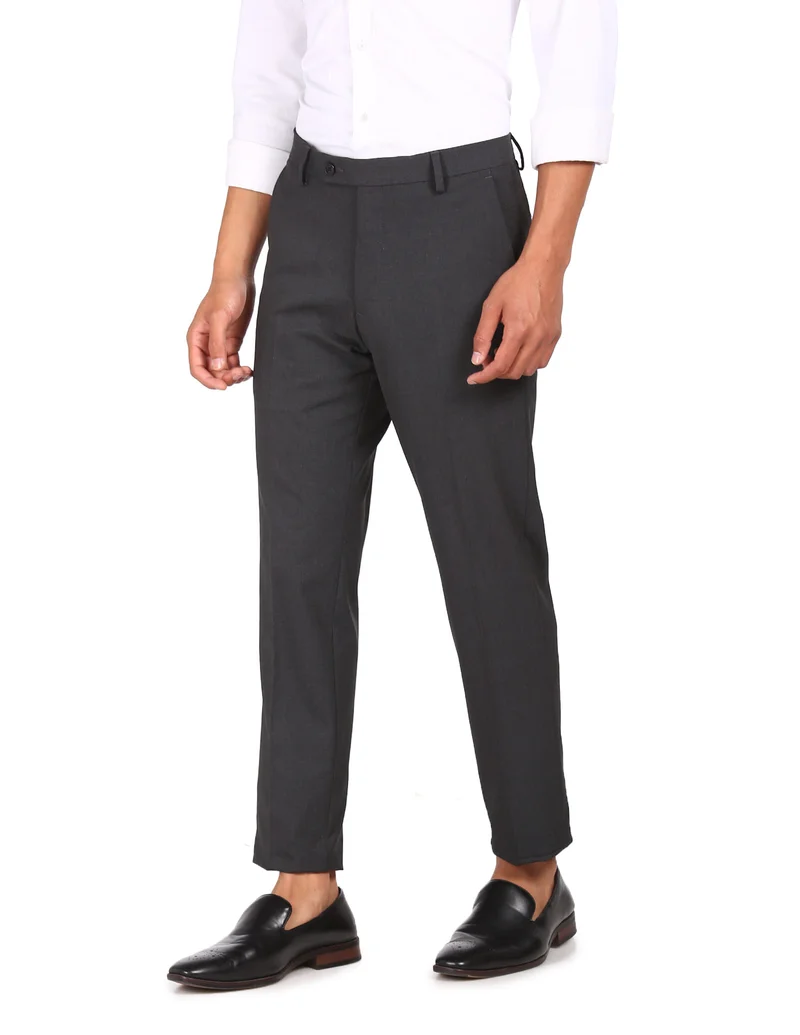 Arrow Dark Grey Bi-Stretch Solid Trousers for Men | Best Price UAE