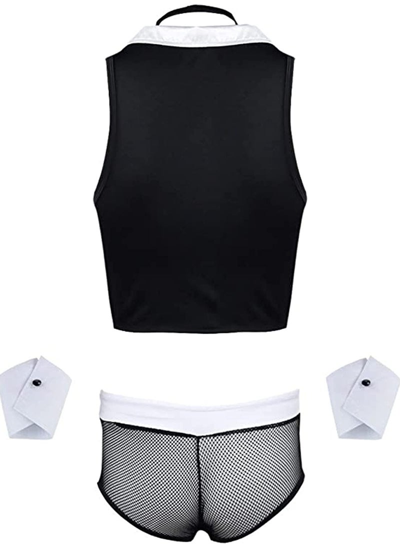 SYOSI - Men's Butler Waiter Cosplay Costume Tuxedo Lingerie Sets Sleeveless Shirt Boxer Briefs with Collar Cuffs - Image 1
